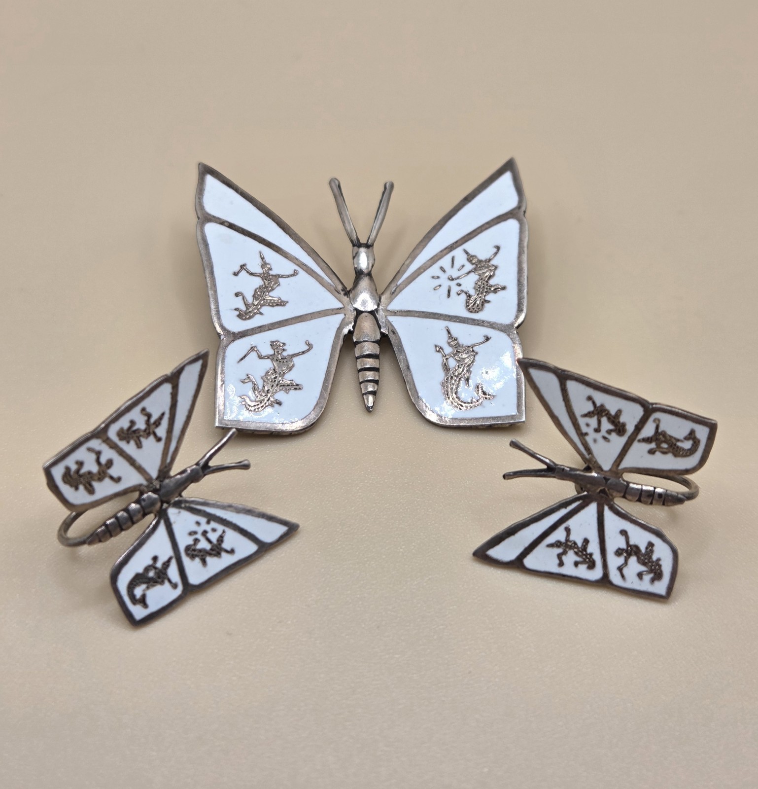 Vintage Siam Sterling Silver White Enameled Dancing Brooch & Screw Back Earrings