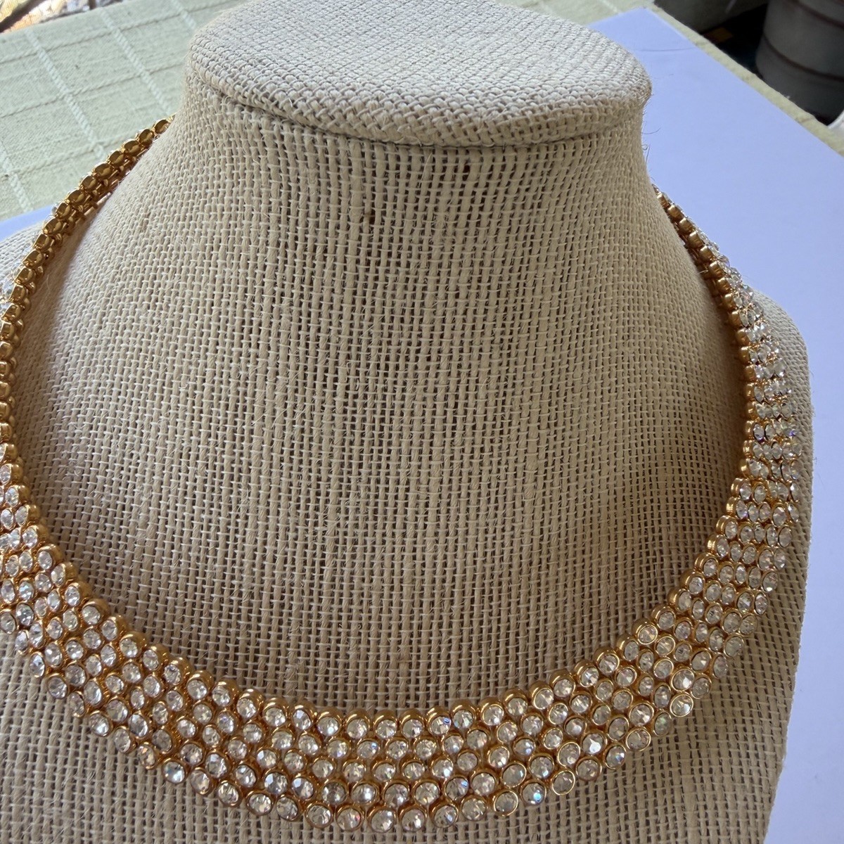 Vintage Joan Boyce Goldtone Bezel Set 3/4” Wide Crystal Heavy Flexible Collar