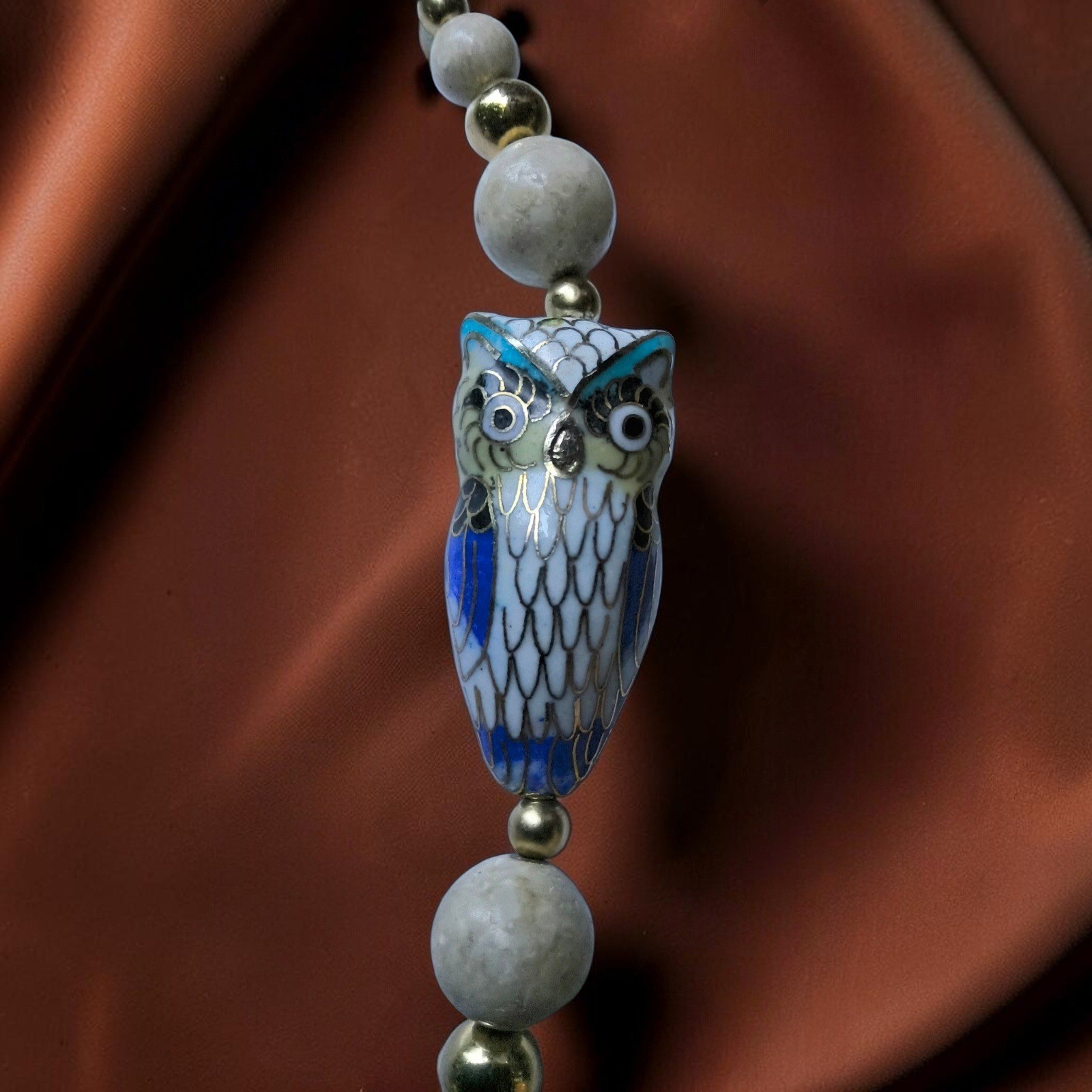 Vintage Cloisonné Owl Necklace Natural Matte Stone Enamel Floral Beads 27″