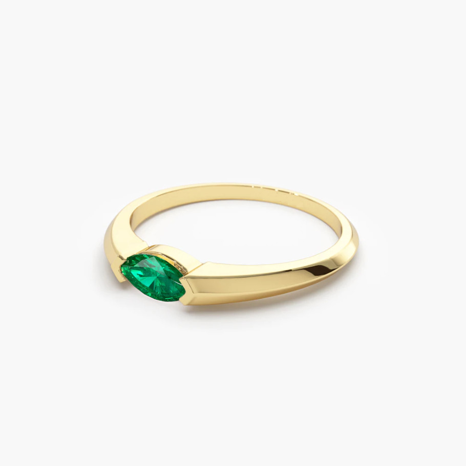 Gold Ring 14K 585 Yellow Gold Marquise Cut Emerald Ring Real and Natural