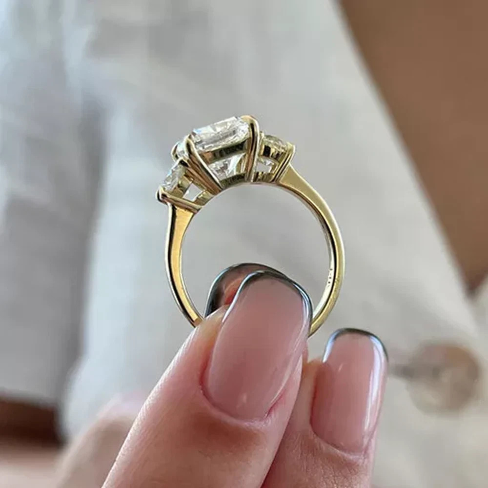4.76 TCW Cushion Cut Moissanite 3-Stone Engagement Ring In 14K Solid Yellow Gold