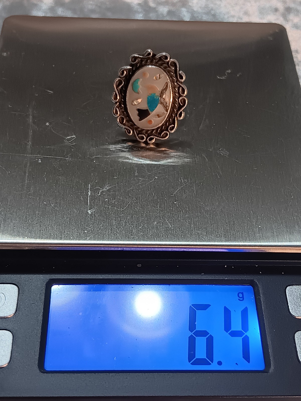 Vint. Zuni Sterling Blue Bird Inlay Mop, Coral, Turquoise, Onyx Ring Signed L