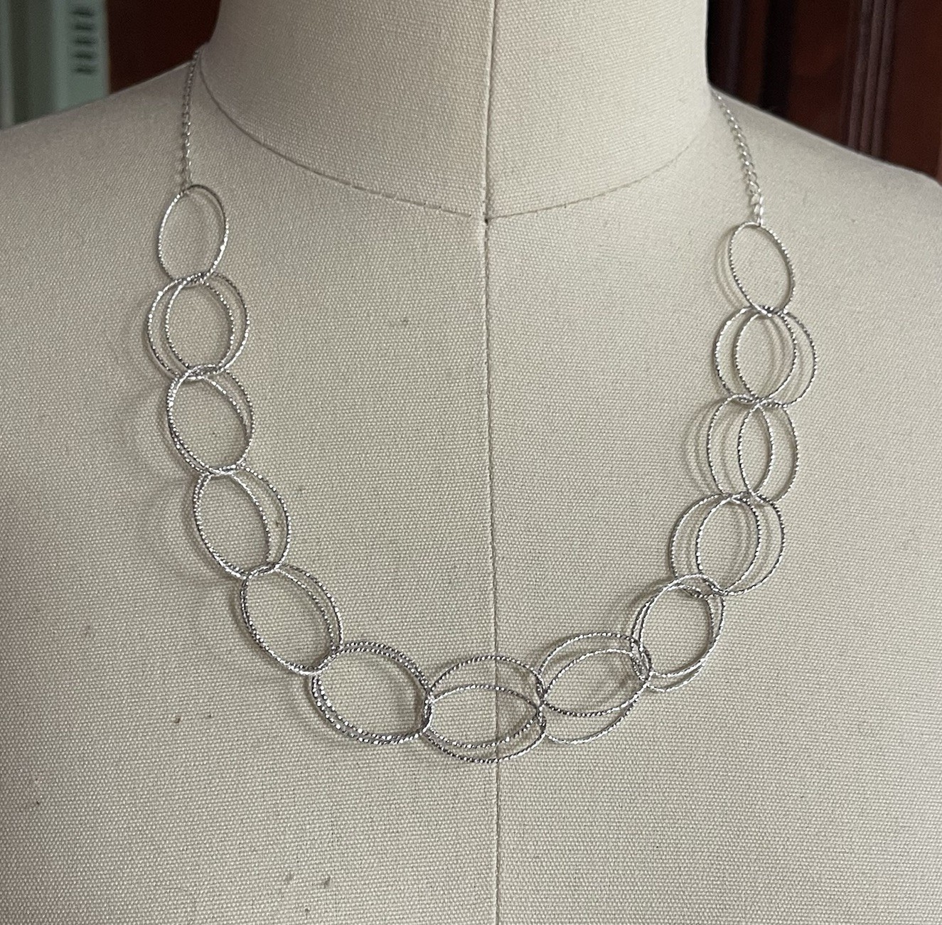 Sterling Silver 925 Textured Double Oval Link 20” Necklace