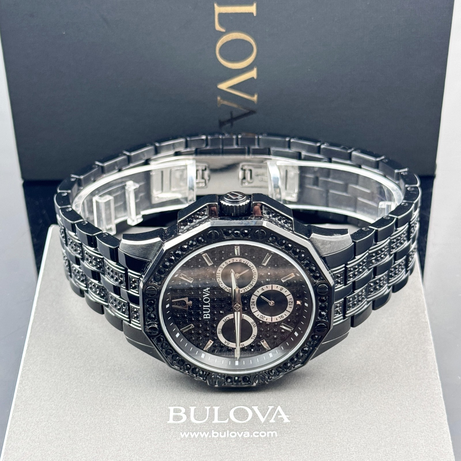Bulova Octava Black Pave Crystal Stainless Steel Quartz Men’s Watch 98C134