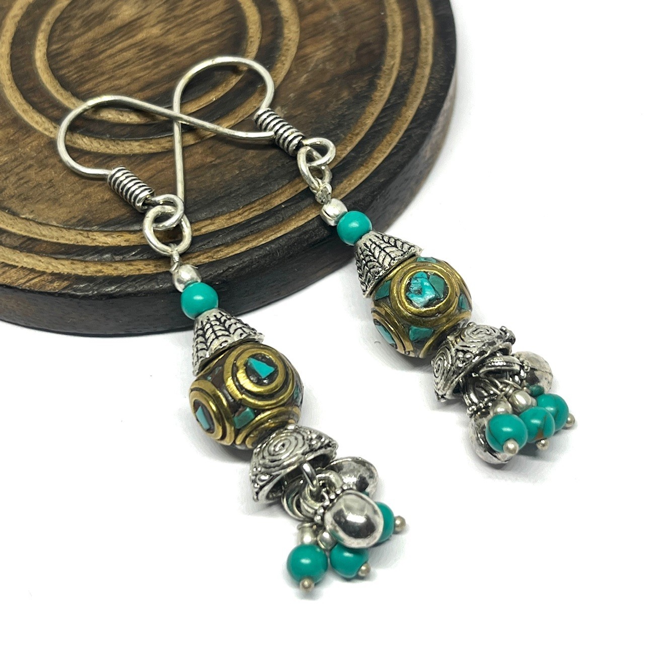 Green Turquoise Gemstone Tibetan Traditional Boho Earring Jewelry, 1.8 Inch