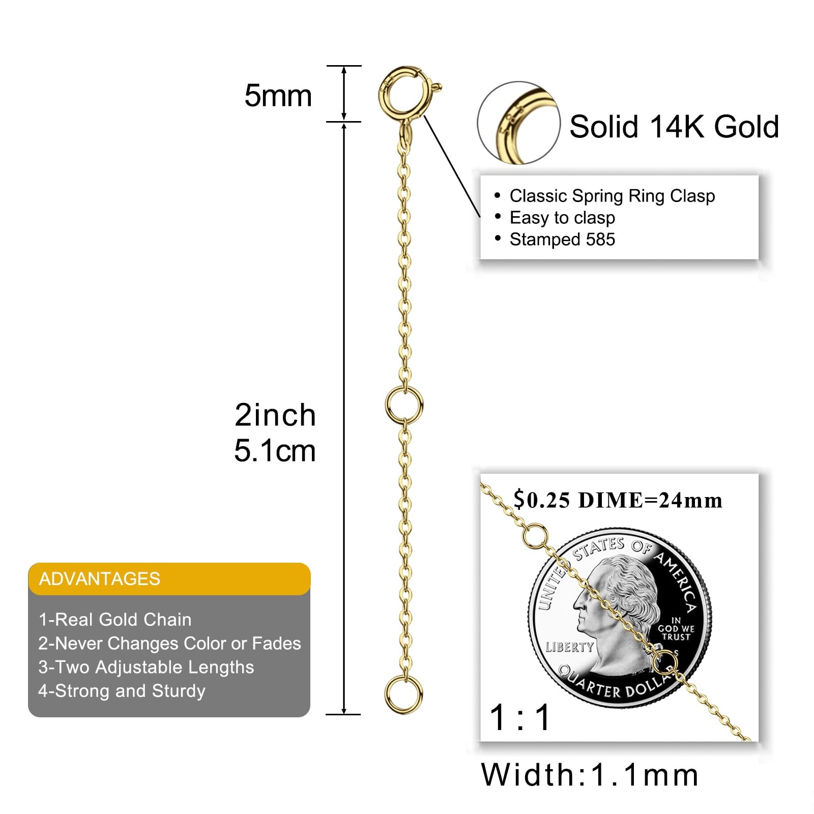 14K Solid Gold Necklace Extender Real Bracelet Extender 2 3 4 Inch Durable Ad…