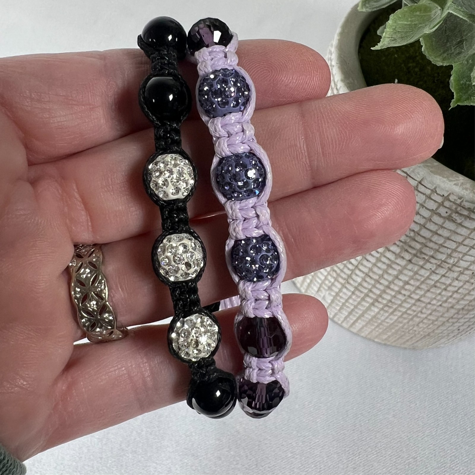 Shamballa Bracelet Set Crystal Pave Beads Macrame Purple & Black Adjustable Pair