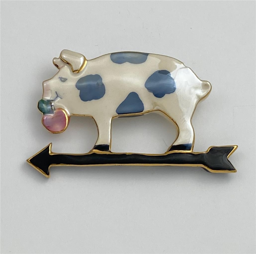 Vintage Ceramic Enamel Pig on Weather Van Brooch Pin