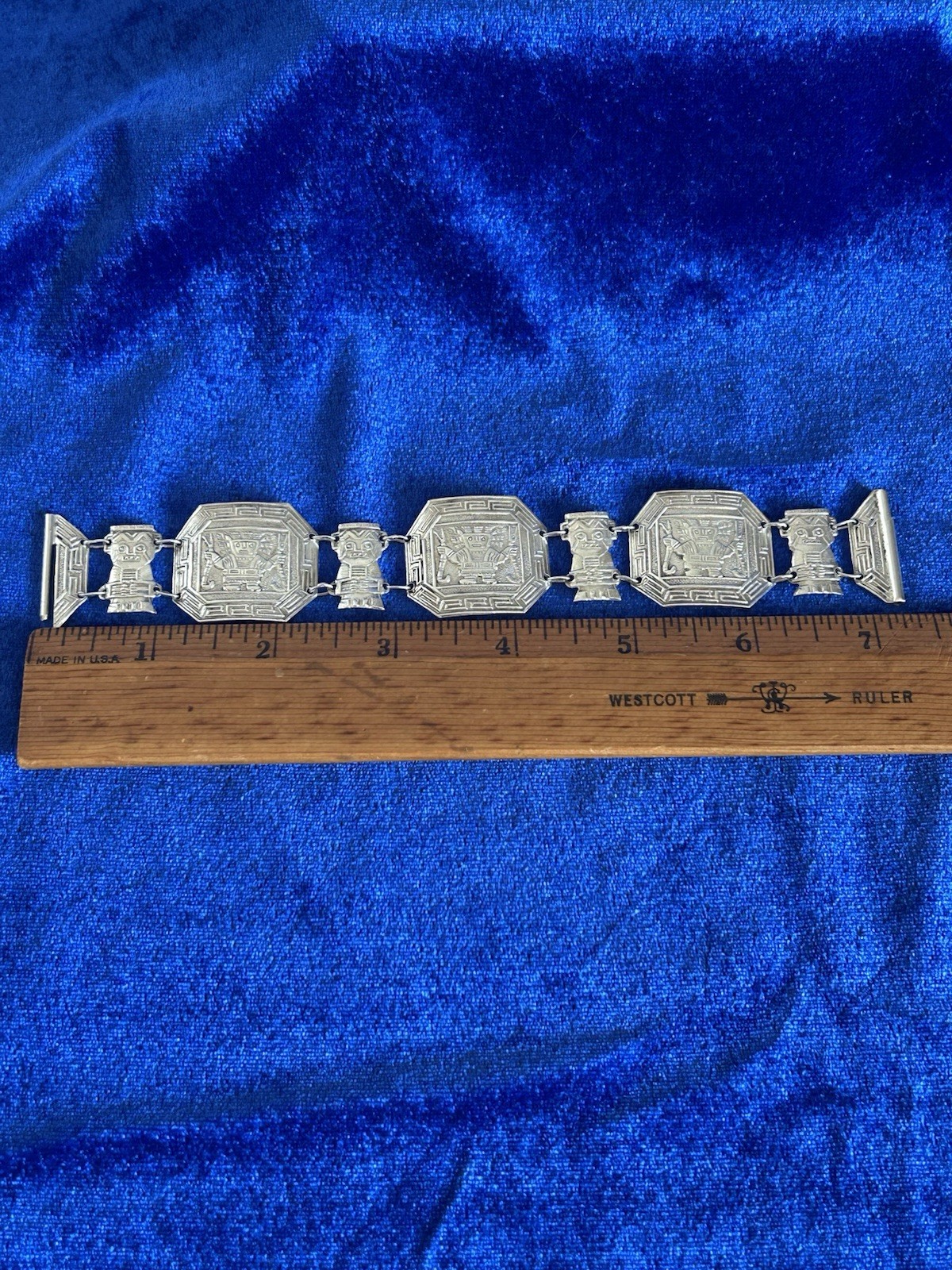 Vintage Estate Sterling Silver Inca Guardians Panel Bracelet Handmade Peru Old