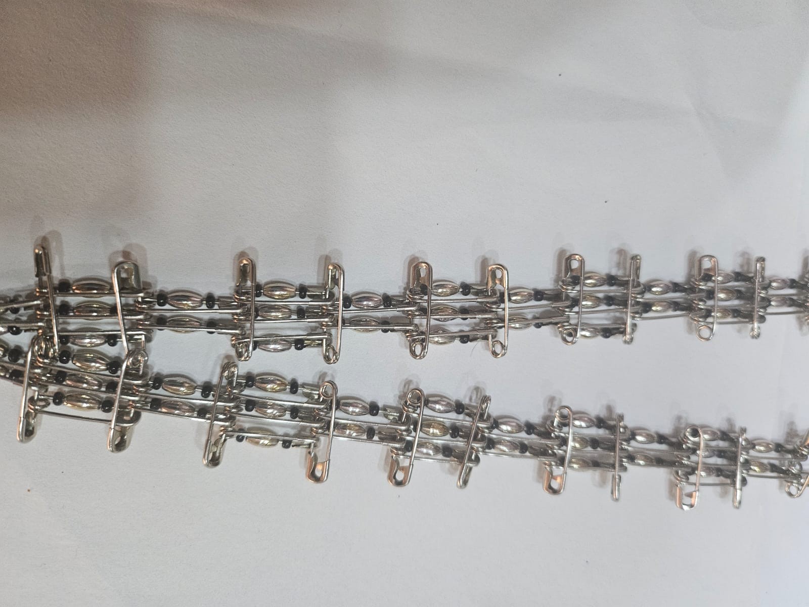 Unique Handmade Safety Pin Statement Necklace – Silver & Black Beaded Punk/Chic