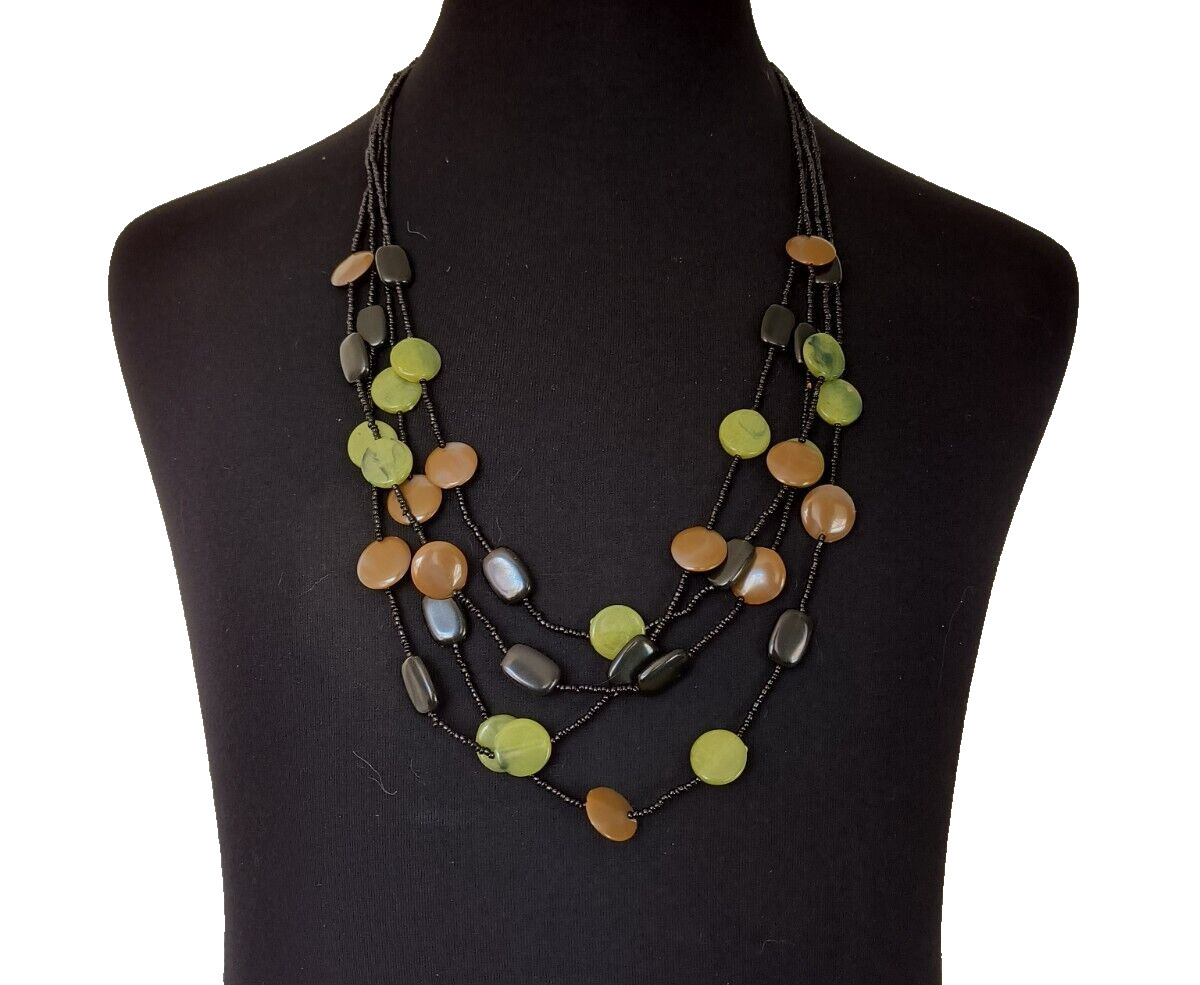 Women’s Necklace Beaded Multistrand Black Brown Green Black Discs Vintage