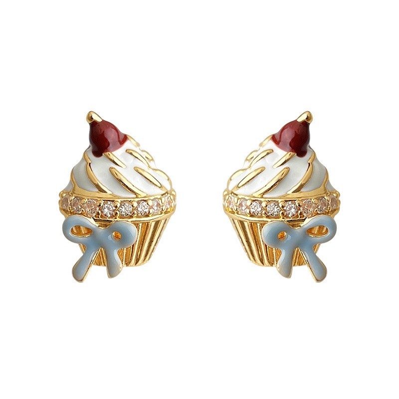 14ct Gold Plated Cupcake Stud Earrings Cute Dessert Enamel Sweet Jewelry Gift