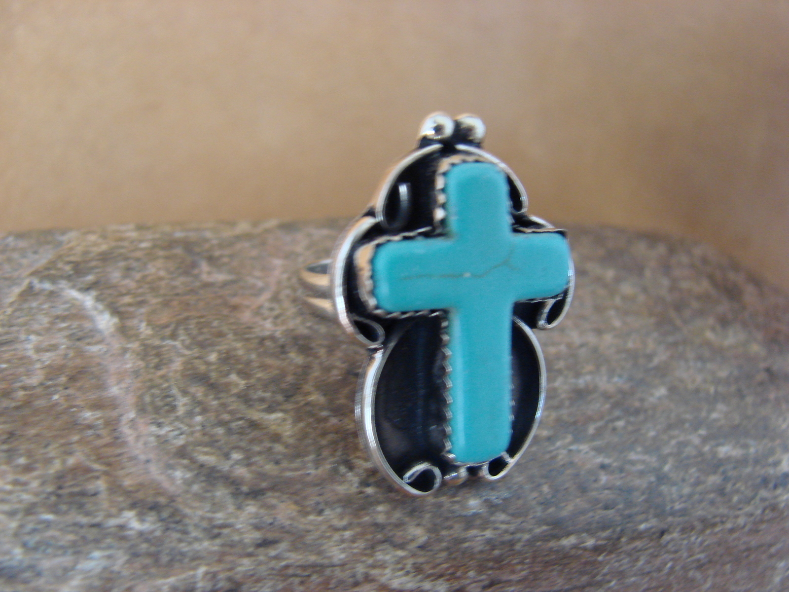 Native American Nickle Silver Turquoise Cross Ring Size 8 1/2 by Phoebe Tolta