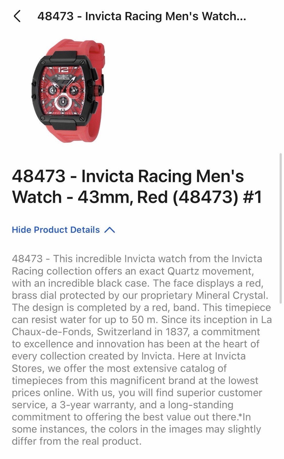 Invicta Racing Men’s Quartz Chronograph Watch 43mm Red Dial Band 48473