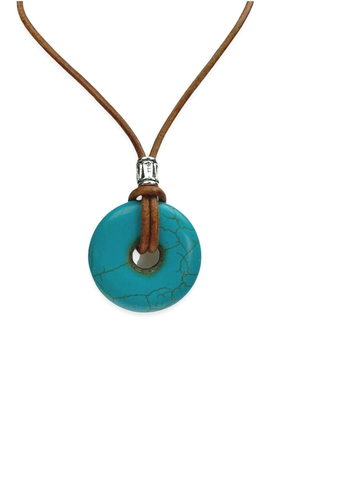 Crackle Turquoise Donut Necklace 30mm Brown Leather Cord Stainless Steel Clasp