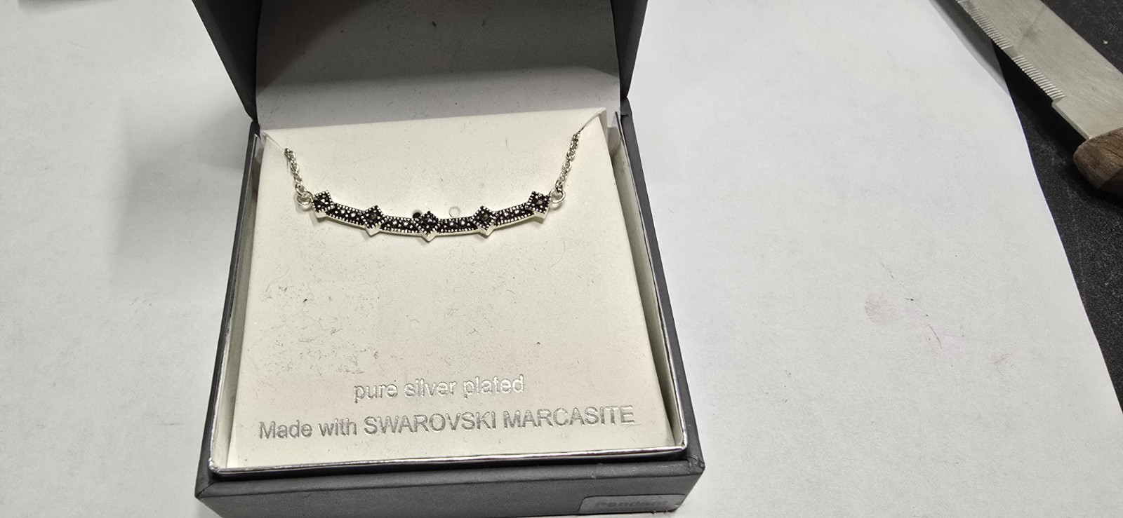 Sparkle Allure Swarovski Marcasite Silver Plated Geometric Bar Necklace w/ Box