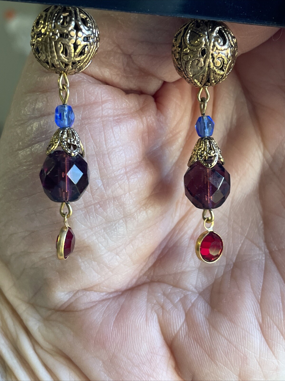 Robert Rose Long Crystal Dangle Earrings Red Purple Post Gold Tone New