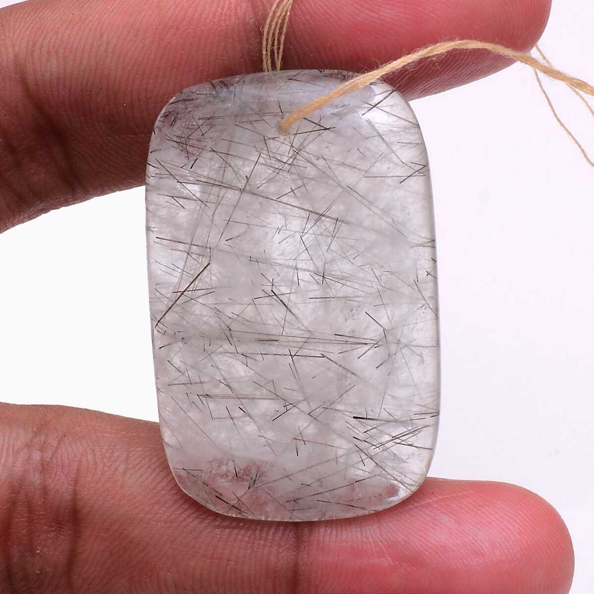 67.00 Cts Natural Rutile Quartz Black Needles Drilled Cushion Untreated Gemstone