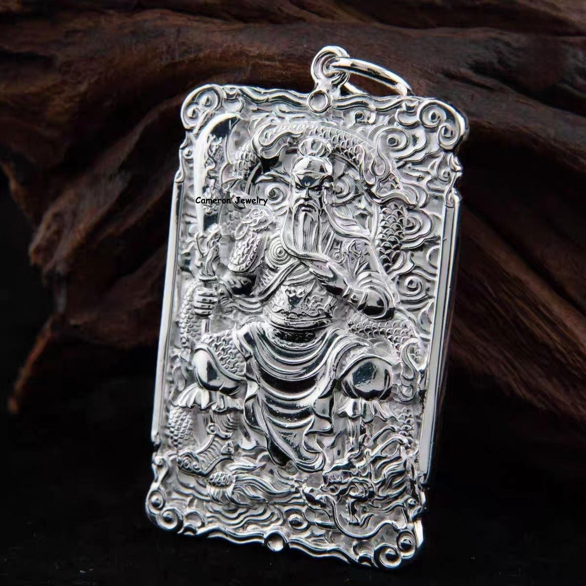 Pure 999 Fine Silver Filigree Guan Yu Dragon Oblong Amulet Pendant 29-30g