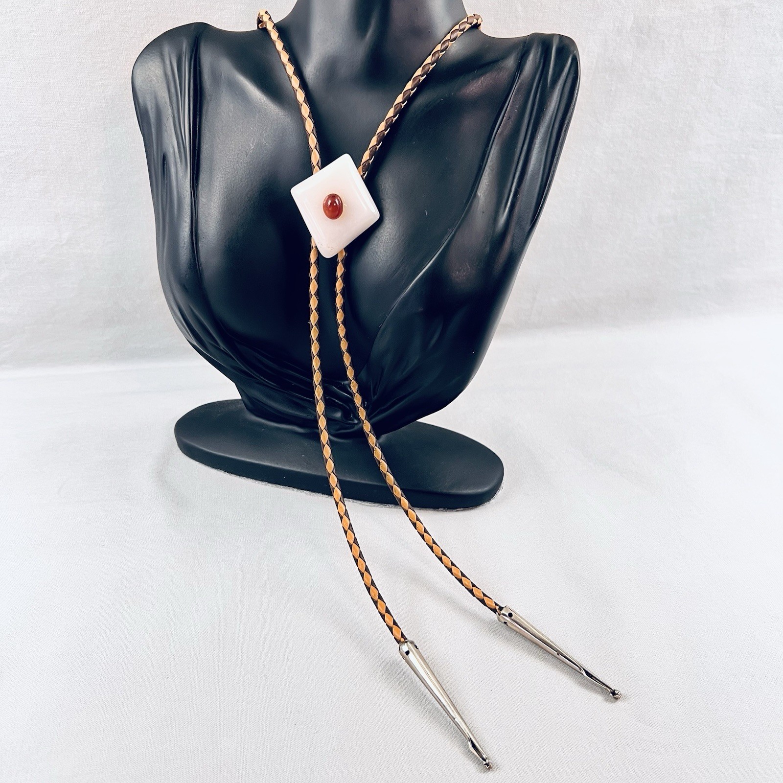 Unisex Stone Slide Bolo Tie Silver Tone Tips Braided Leather Cord Brown Tan