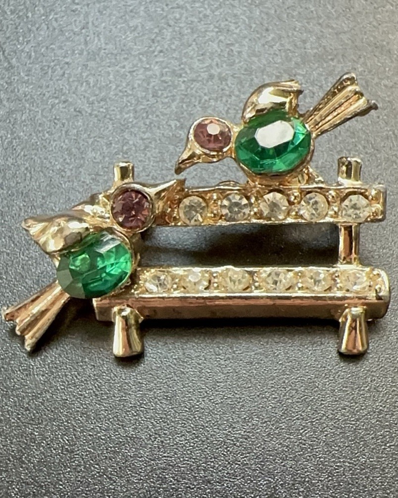 Lovebirds Birds on Fence Brooch Rhinestone Green Pink Gold Vintage Mid Century
