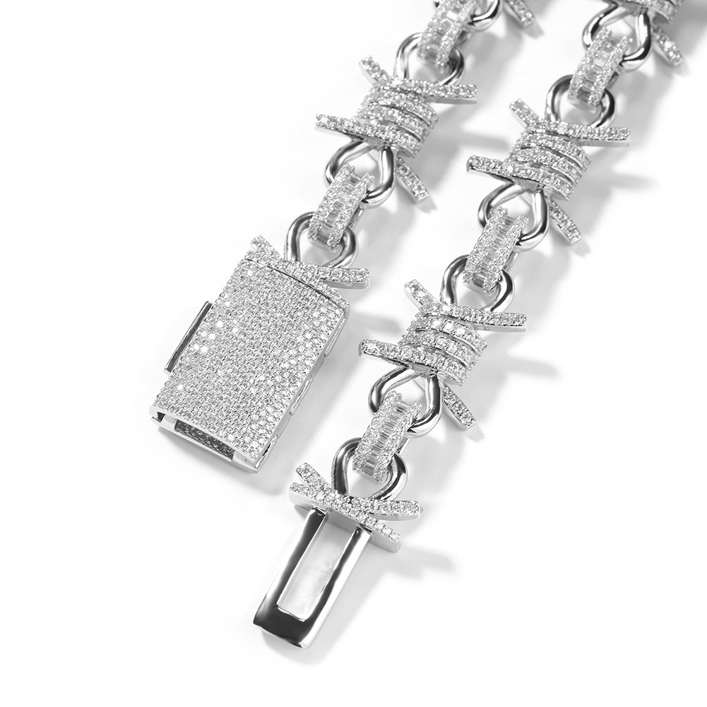 Sparkling Barbed Wire Chain Silver Gold Hip Hop CZ Bling Barbwire Necklace