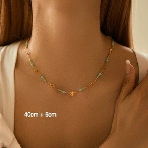Gold Turquoise Beaded Filigree Chain Necklace Boho Dainty Minimalist 40cm+6cm