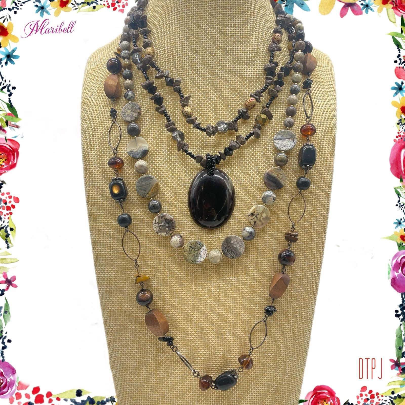 Boho Earth Tone Beaded Necklace Lot Of 3 Jasper Wood Pendant Layered You & I