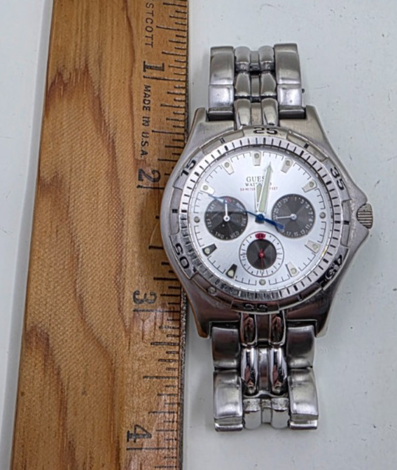 Vintage GUESS Waterpro Men’s Watch 3-Eye Multifunction Silver Tone NEW BATTERY