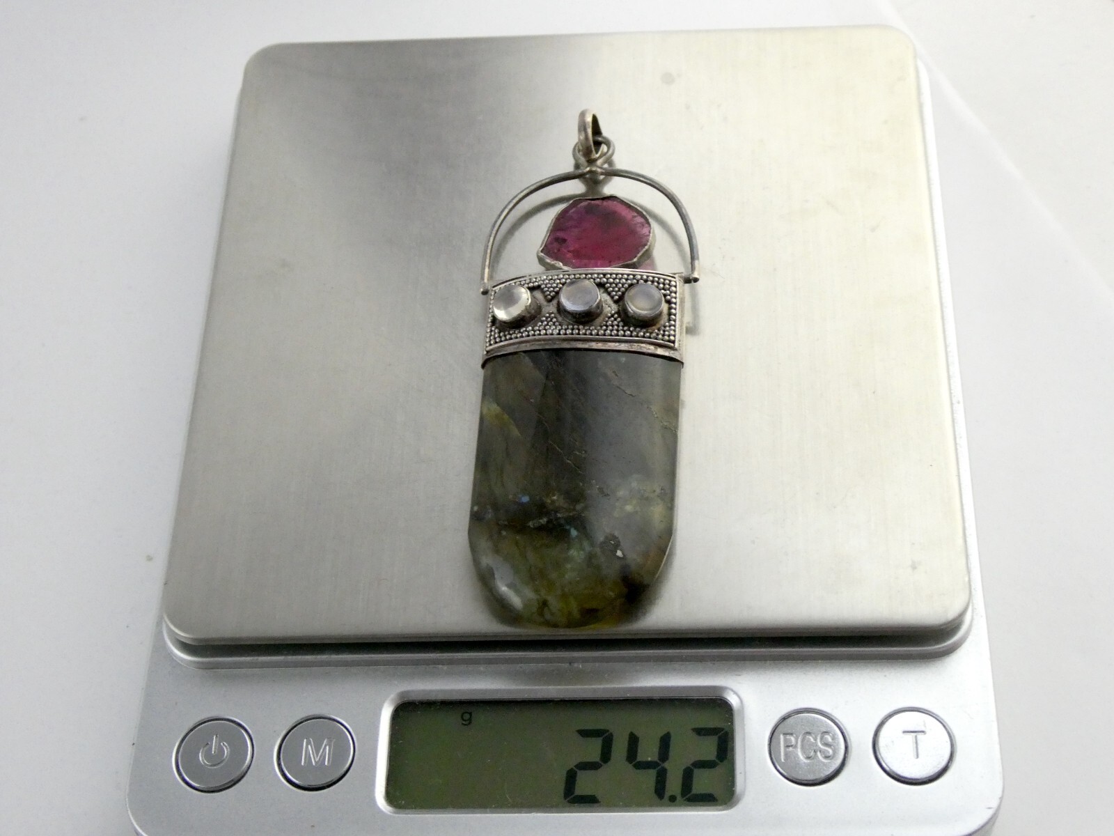 Sterling Silver Pink Tourmaline Slice Labradorite Moonstone Pendant 925 24.2g
