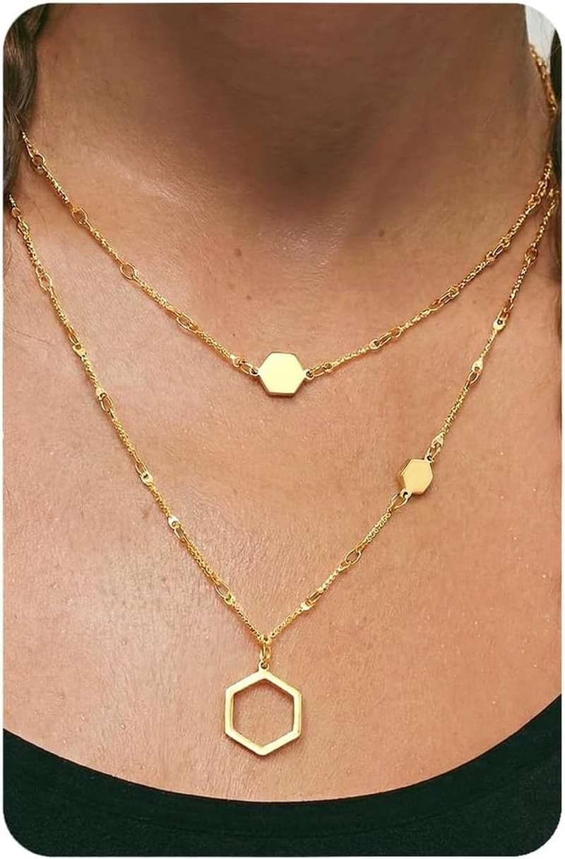 Honeycomb Layered Necklaces for Women Stackable, Dainty Layering Pendant Necklac
