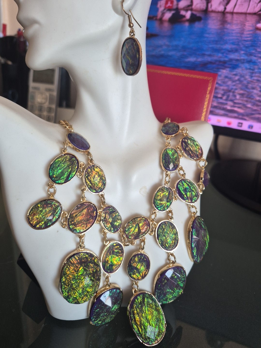 Designer Gold Color Created Opal Adjustable Necklace Up To 27″, Earrings Set