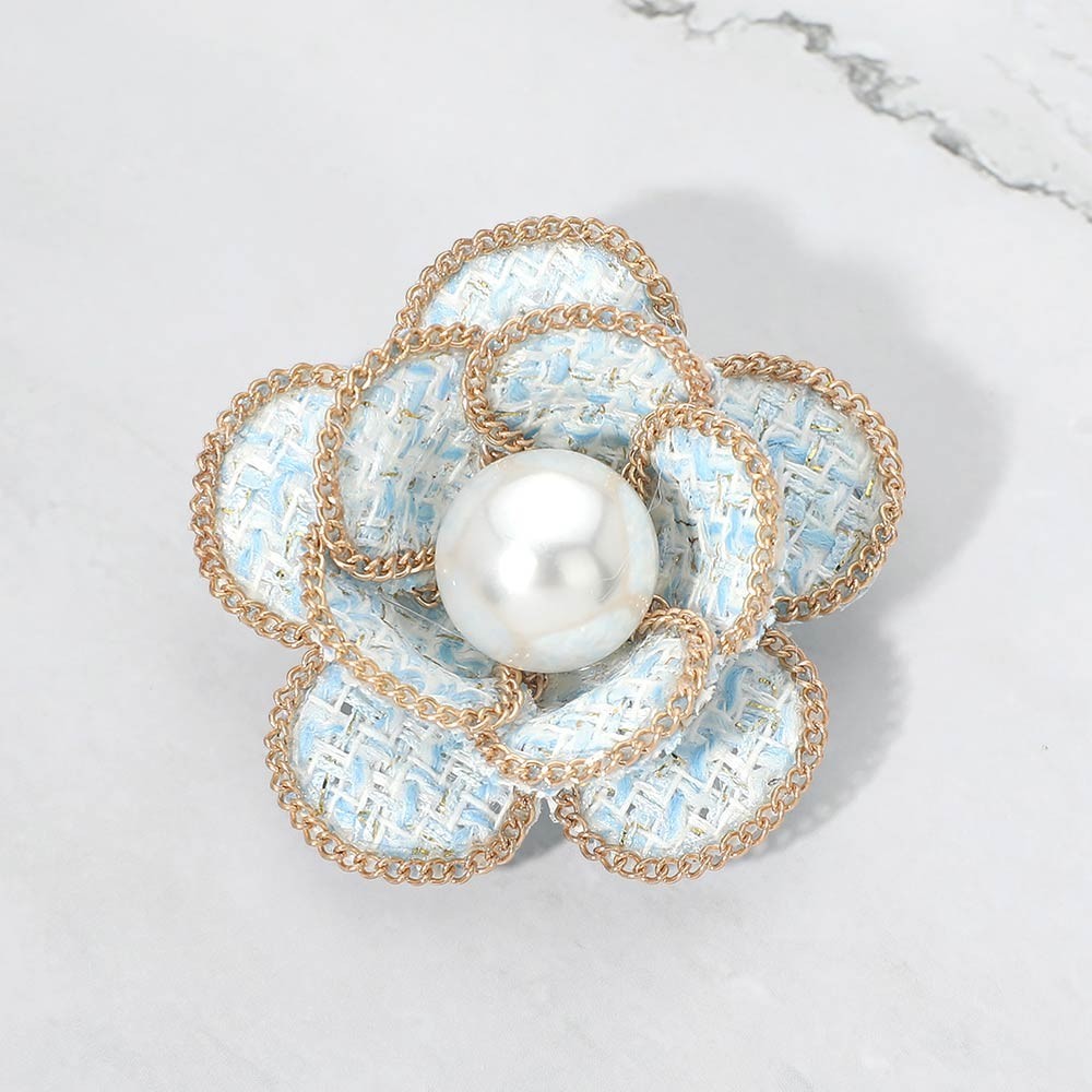 2pcs Pearl Accent Blue Tweed Flower Brooch Hair Clip Lapel Pin Women’s Gift