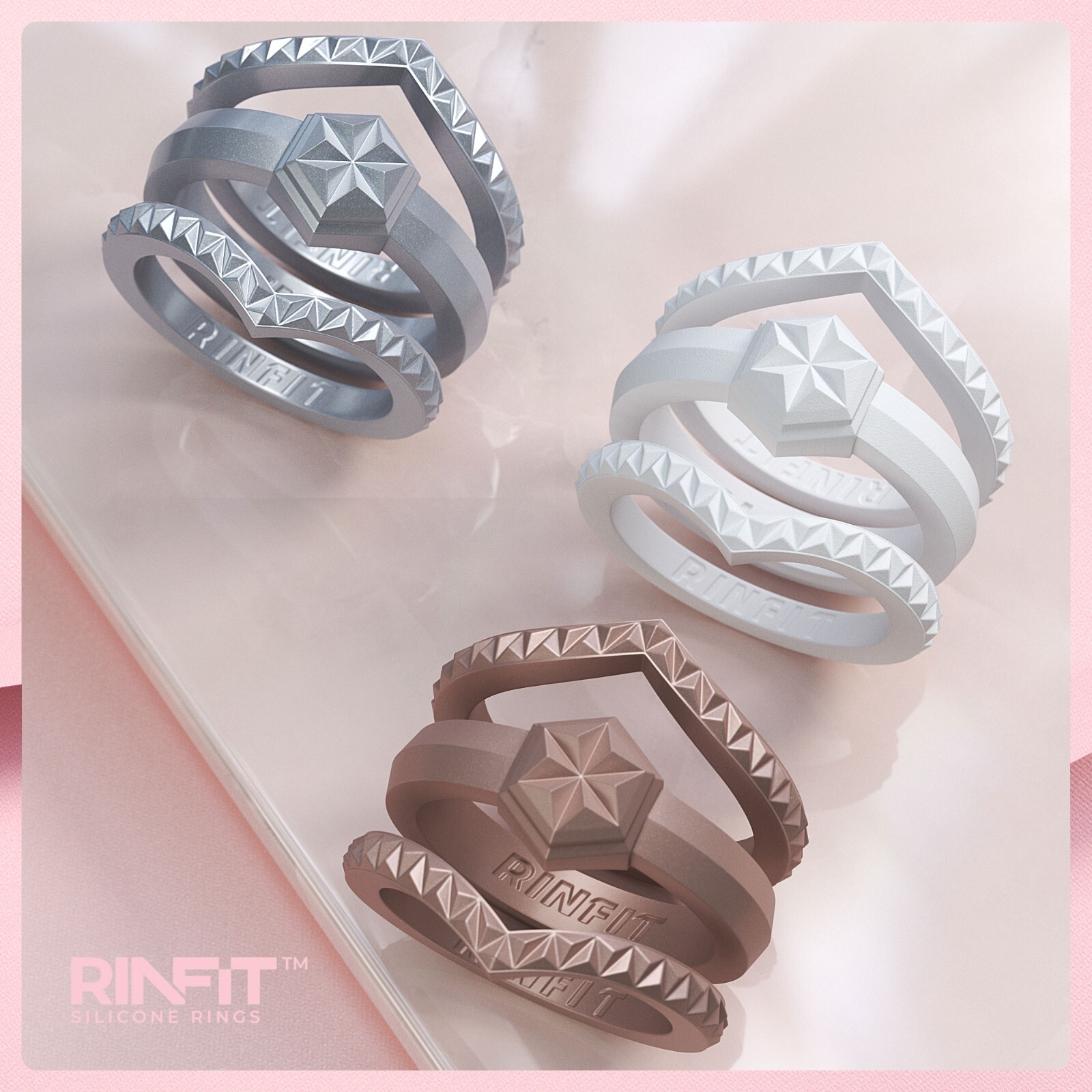 Silicone Wedding Rings for Women by Rinfit. 3 Rings Set Metallic Colors