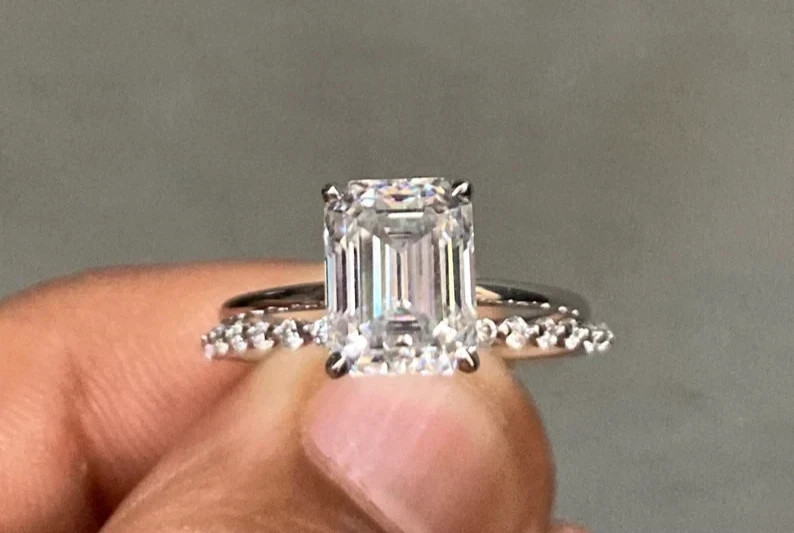 14k White Gold Emerald Cut Diamond Ring Set 3.25 Carat Lab Grown IGI VVS E F