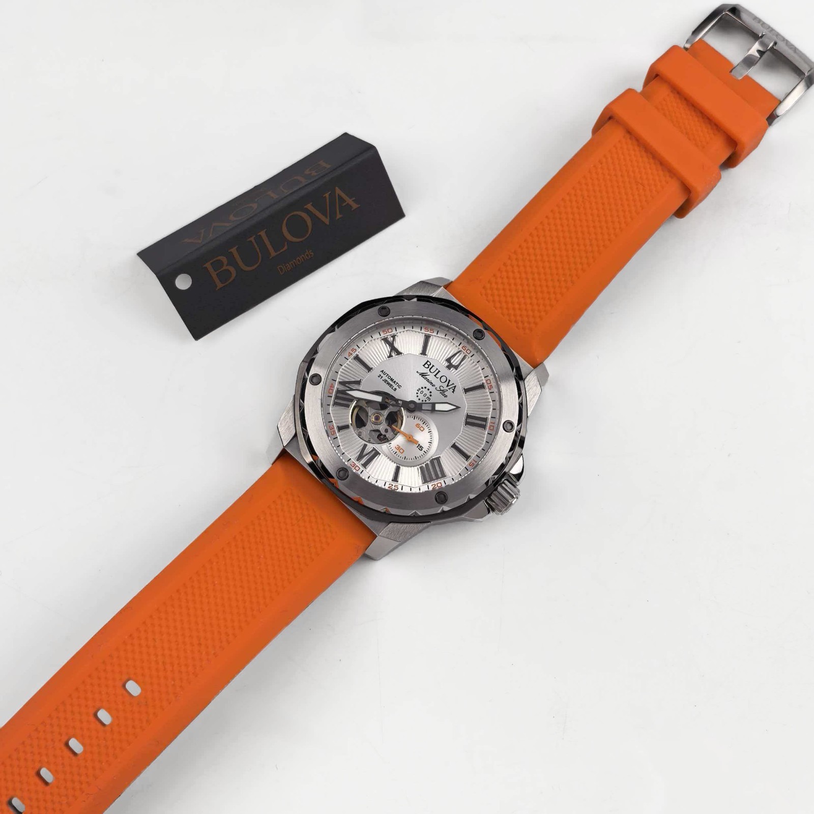 Bulova 98A226 Marine Star Men’s Silver Dial Orange Rubber Strap Automatic Watch