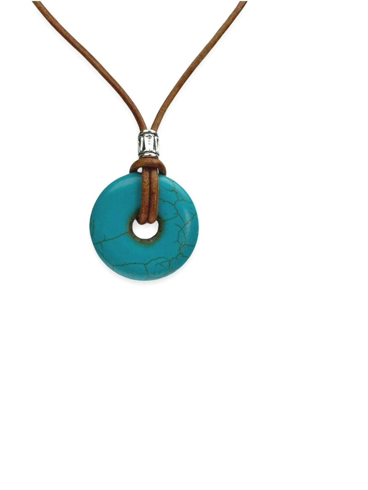 Crackle Turquoise Donut Necklace 30mm Brown Leather Cord Stainless Steel Clasp