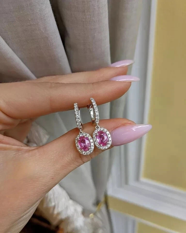 4.5Ct Oval Cut Natural Pink Sapphire Diamond Wedding Earring Stud 14K White Gold