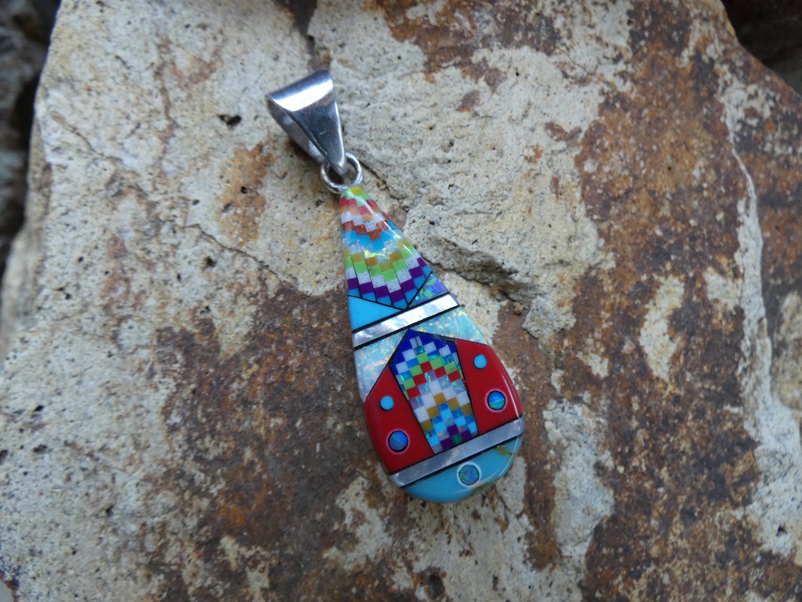 Southwestern Mosiac Gemstone Opal Aluminum Sterling Silver Alloy Pendant AS90