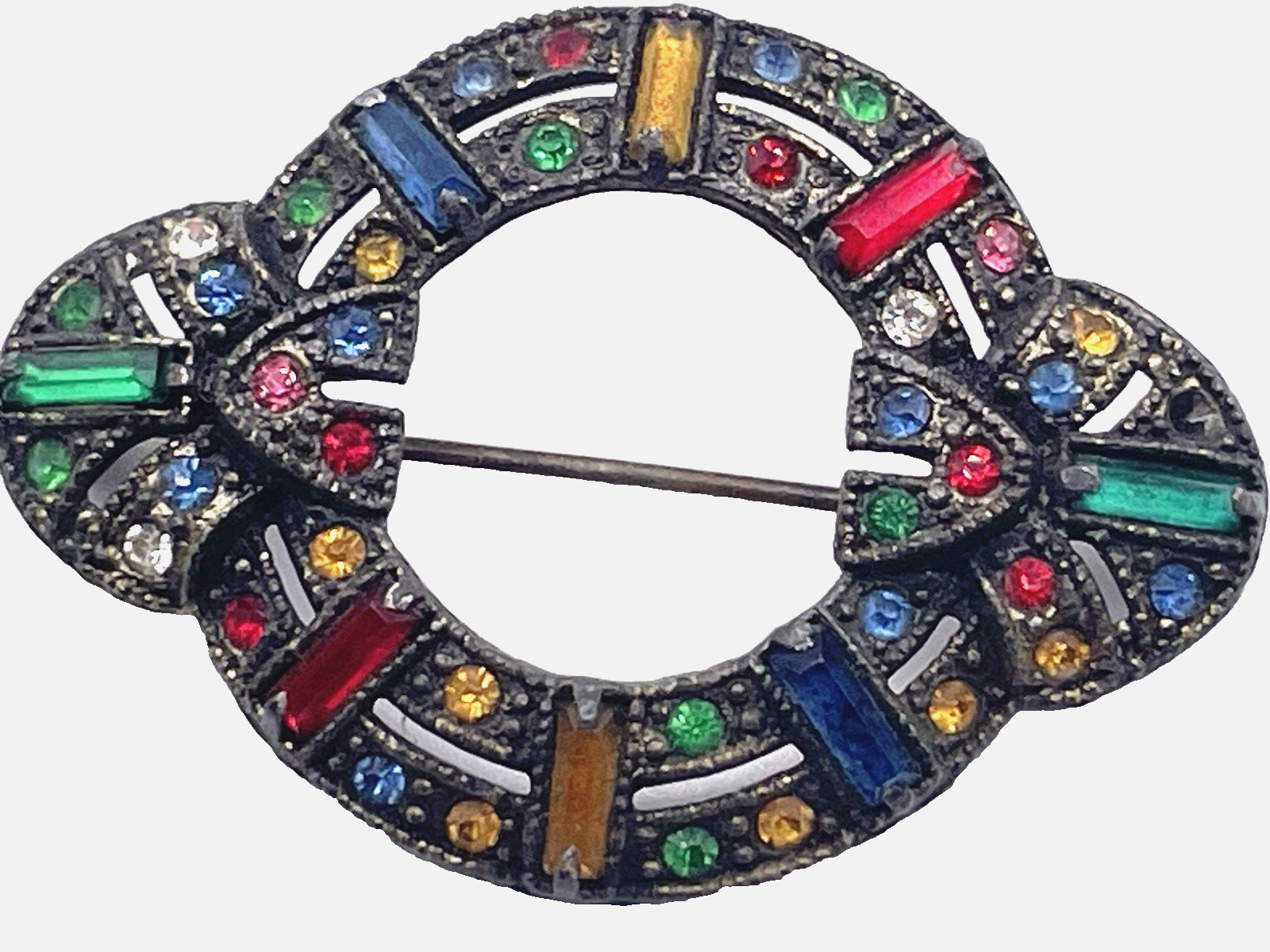 Vintage Art Deco Czech Brooch Pot Metal Rhinestone Multicolor READ