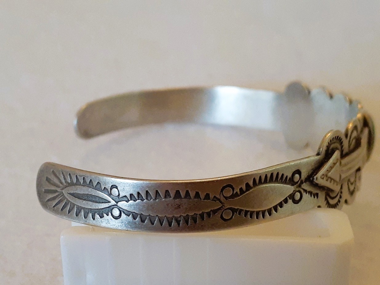 Vintage Fred Harvey Era Navajo Coin Silver Turquoise Stone Cuff Bracelet Stamped