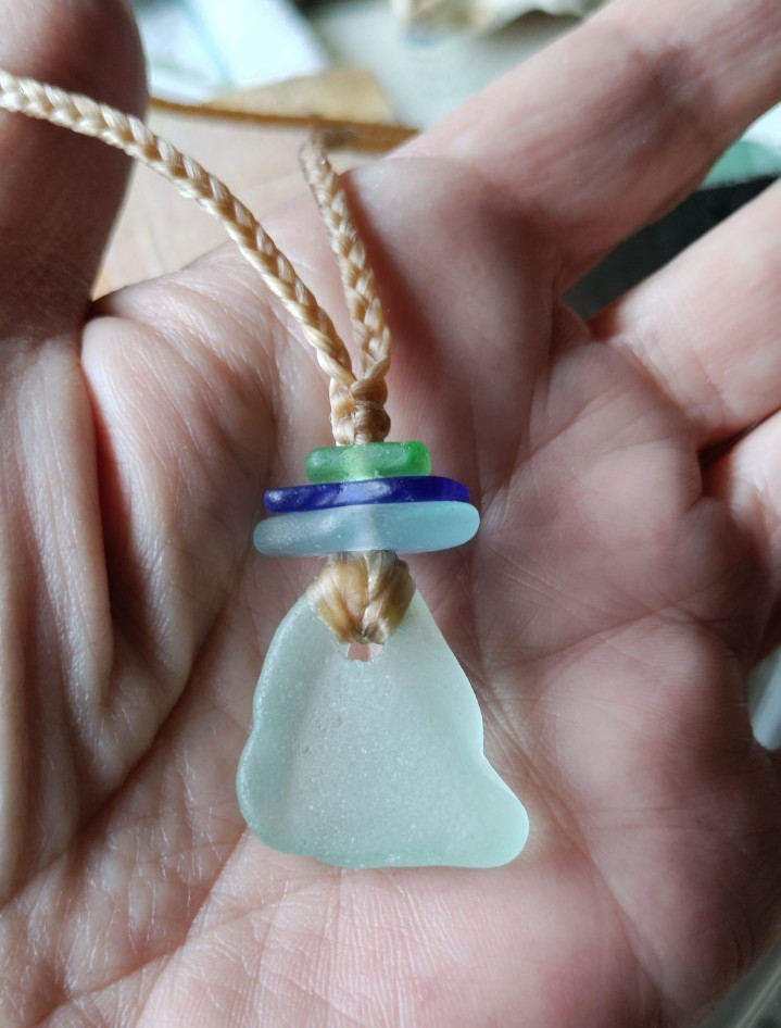 Genuine Sea Glass Necklace Beach Sinew Braid Hawaii Adjustable Multi-color