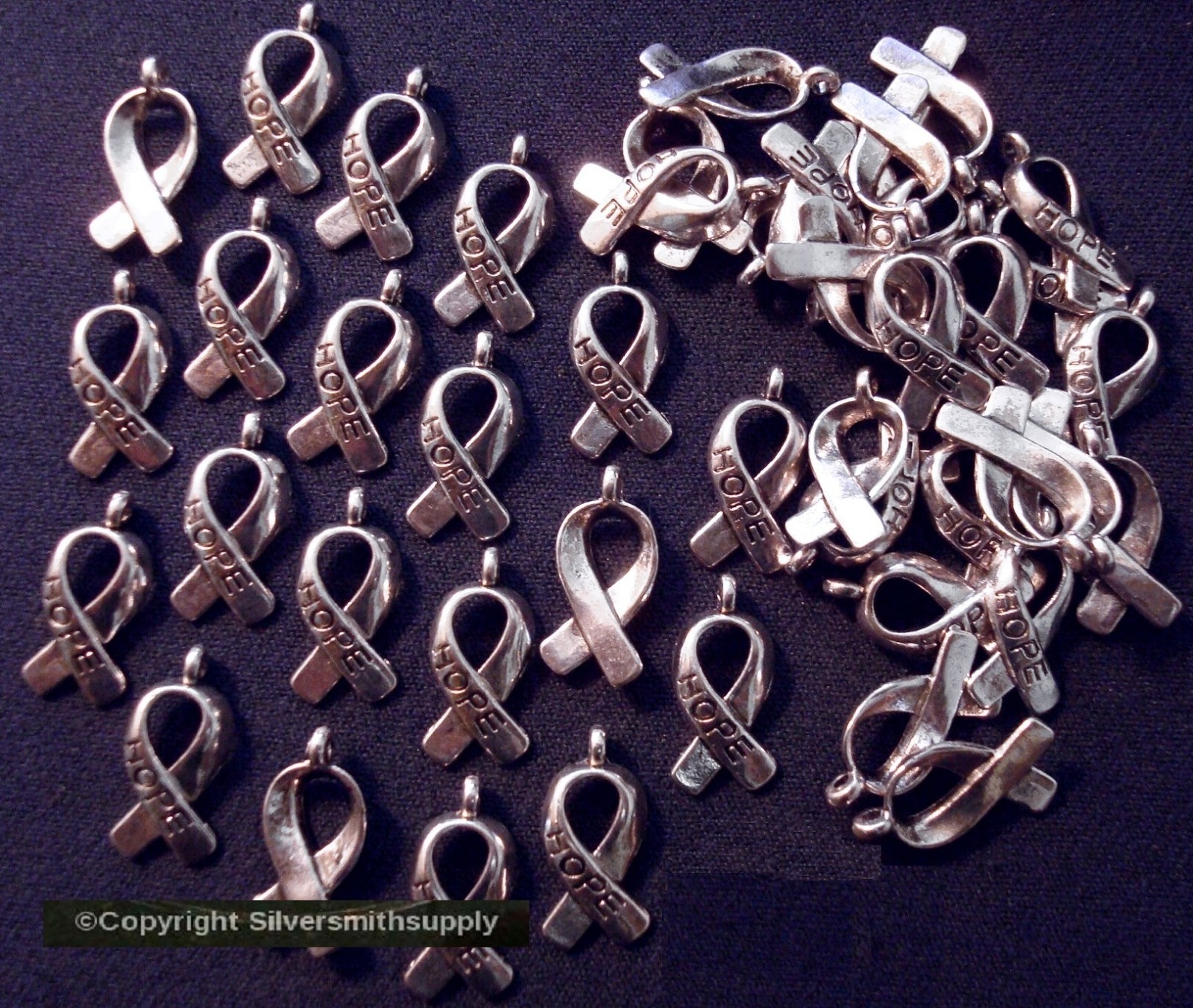 50 Cancer awareness hope ribbon charms ant. silver plated zinc findings CFP071