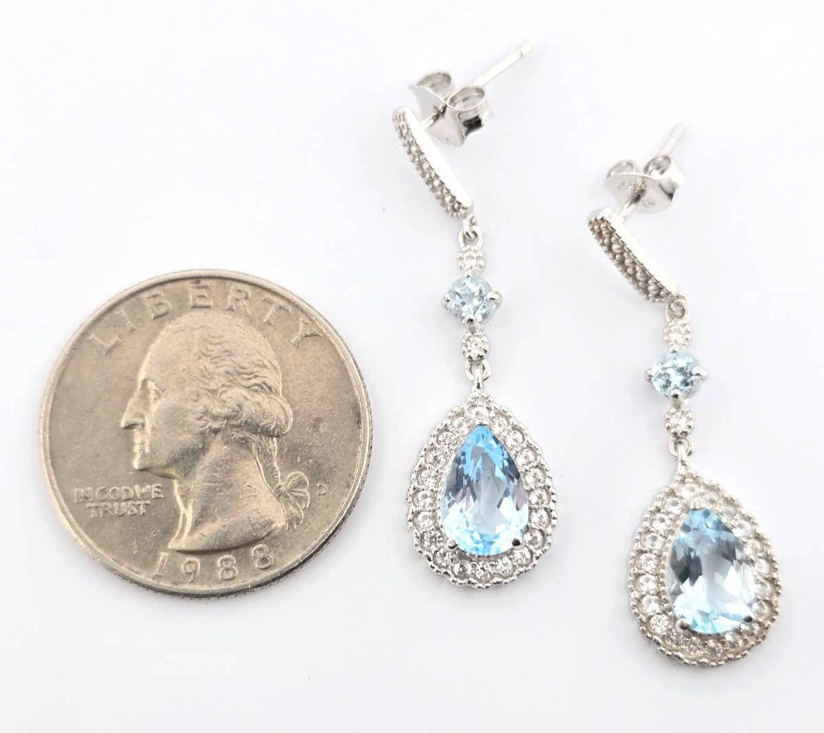 Sterling Silver 925 Blue Topaz White Sapphire Dangle Earrings Elegant Drop 1.25″