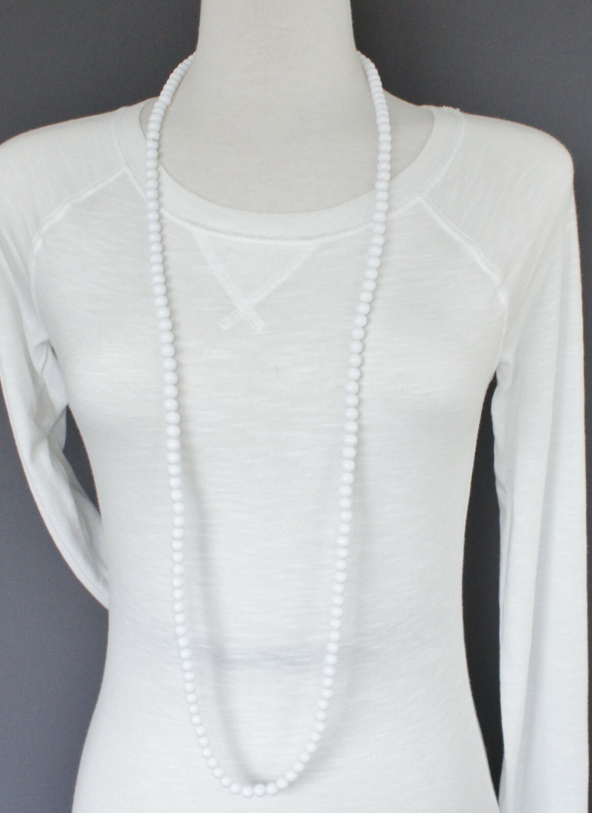 White bead long necklace extra long 44″ necklace beaded wrap double look wrapped