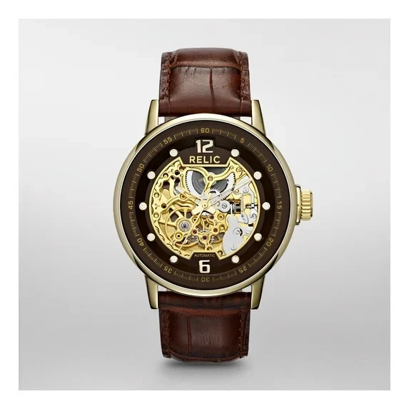 Relic by Fossil Men’s Automatic Watch ZR77241 Gold Case Brown Leather Strap