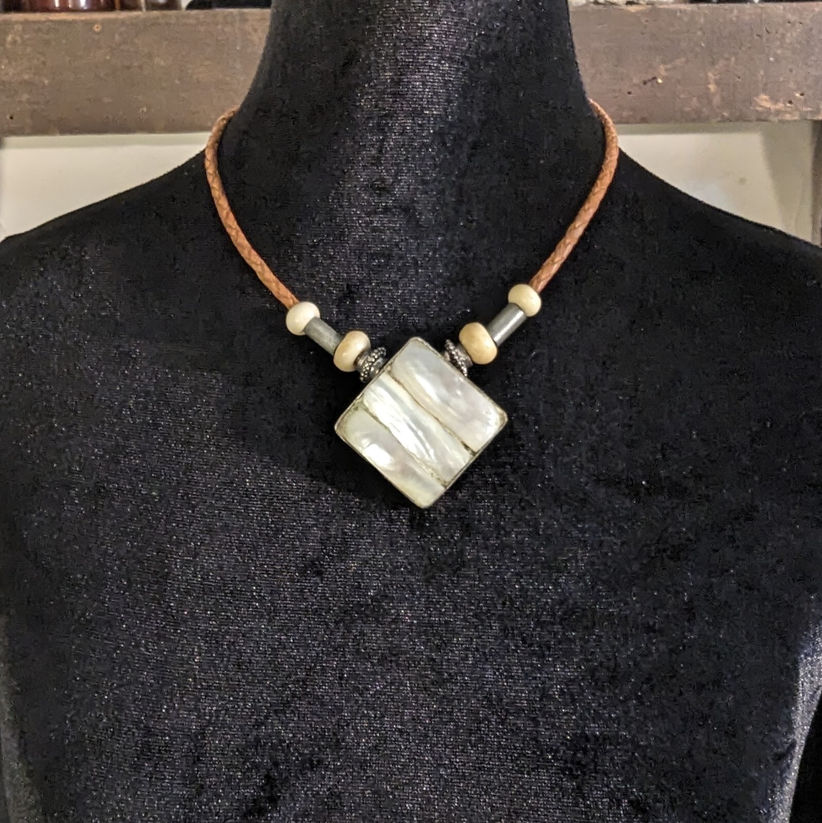 Artisan Braided Leather Cord Bone Beads Large Mother of Pearl Medallion Choker