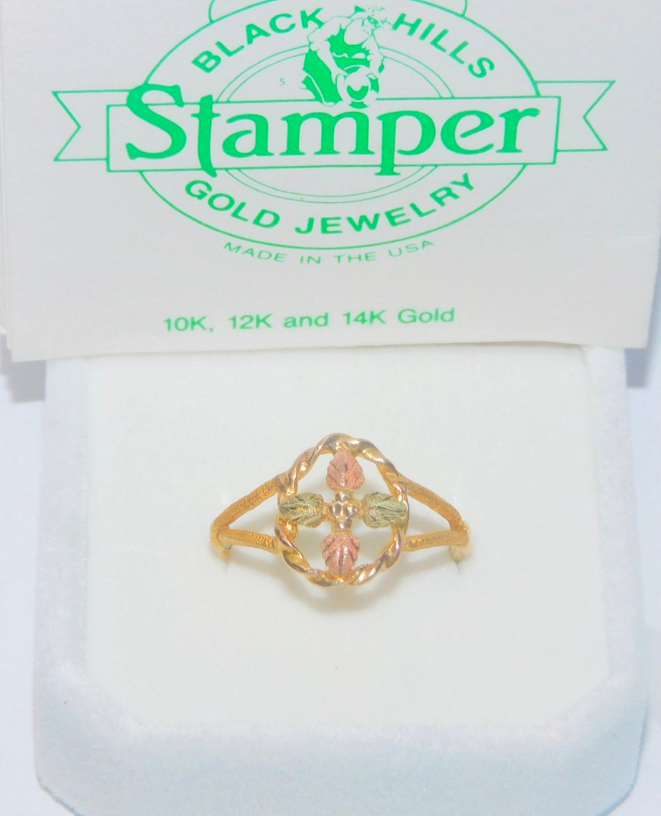 Black Hills Gold 10k Braided Frame Four Leaves Ring Size 9 1/4