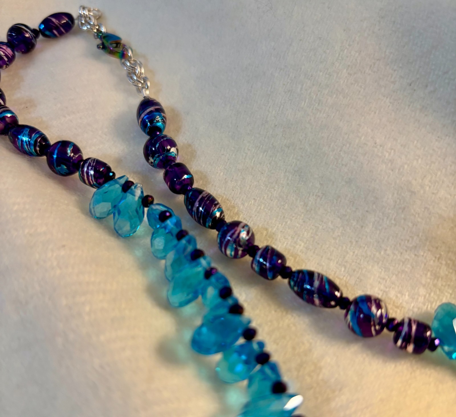Unique Hand Crafted Blue Faceted Crystals w/Purples/Silver 18″ w/Rainbow Clasp