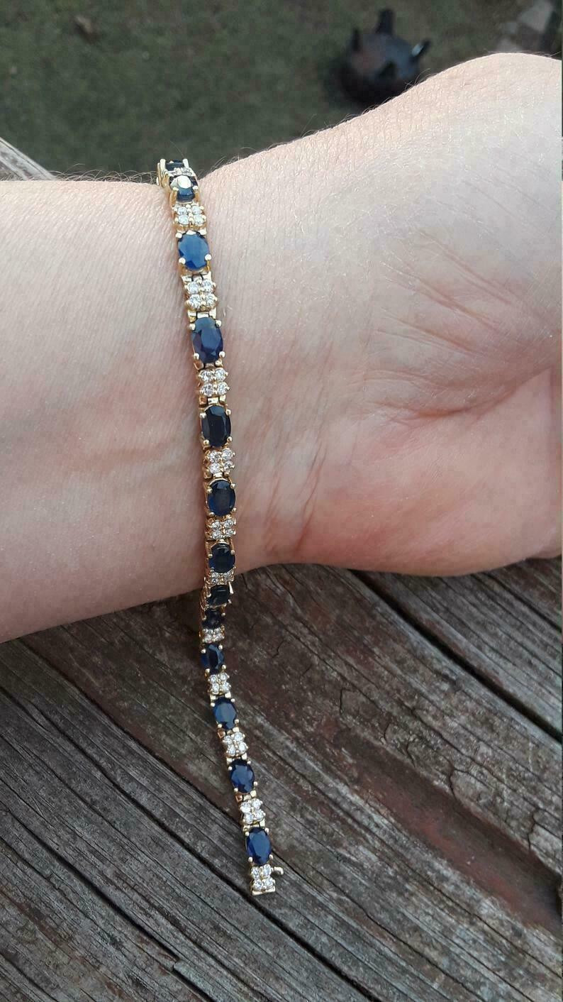 18Ct Oval Cut Sapphire & Diamond Women’s Tennis Bracelet In 14K Yellow Gold Ove